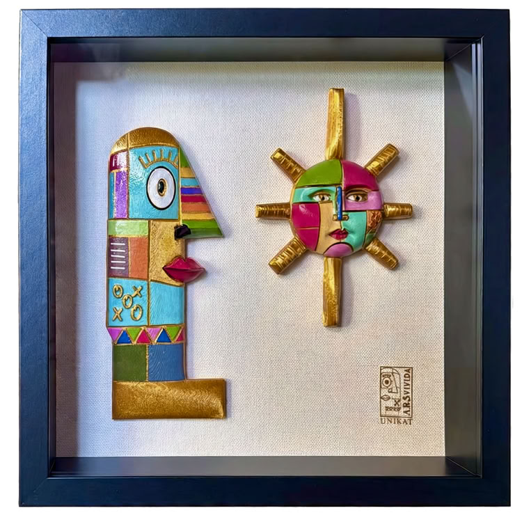 Gerahmtes 3D-Wandbild mit bunter, abstrakter Figur im Profil und einer Sonne mit Gesicht, moderne Kunst, Unikat, signiert, bunte Farben mit Goldoptik